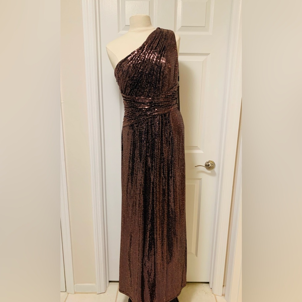 Calvin Klein One-Shoulder Gown in Copper-colored Sequins, Size 10 NWT